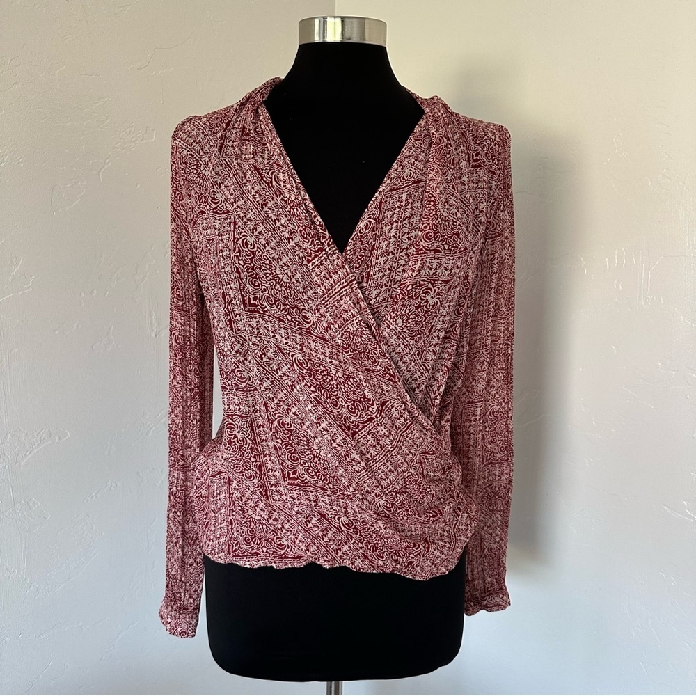 SEZANE Abélia Wrap Around Mosaic Ecru Print Burgundy Blouse Size 4 - Picture 3 of 17